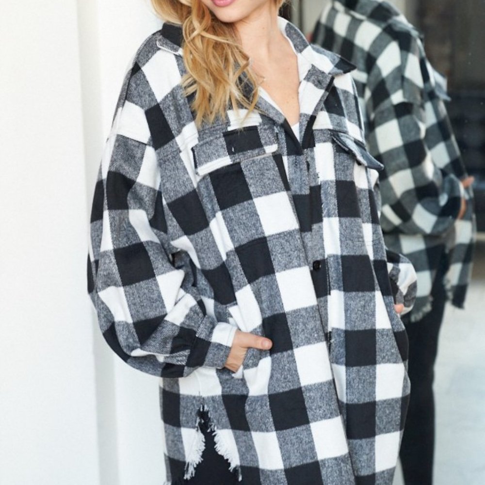 new WHITE BIRCH BUFFALO PLAID BLACK WHITE boho western SHAKET flannel SM-XXL - Picture 1 of 8